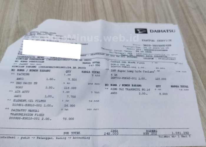 faktur biaya servis Daihatsu Ayla 1.2